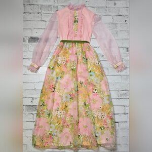 Vintage 60s Sylvia Ann Floral Maxi Dress – Sheer Sleeves & Velvet Trim XS